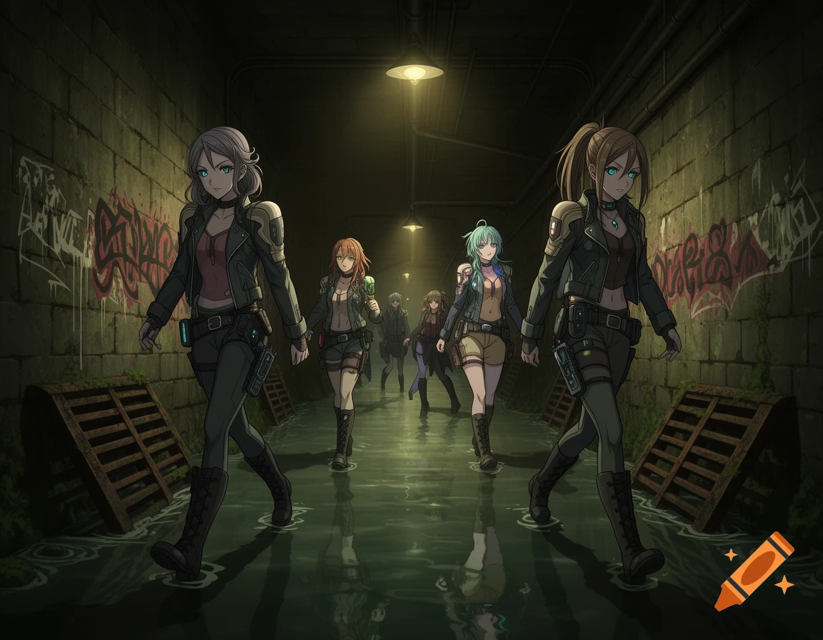 Anime women in tactical gear walk through a dark, flooded sewer tunnel with graffiti-covered walls.
