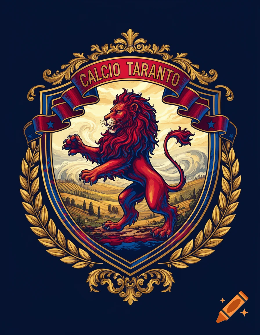 Detailed crest illustration with a red lion rampant, golden laurels, and a banner reading 'CALCIO TARANTO' on a dark blue background.