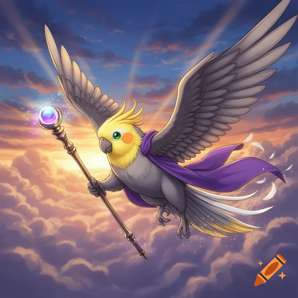 Anime-style cockatiel warlock in a purple cape flying with a glowing staff at sunset.