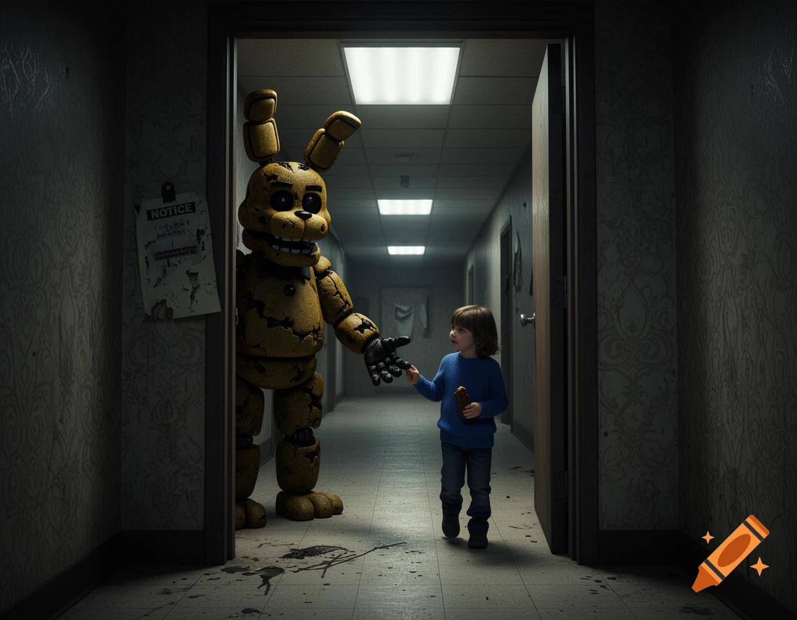 A creepy yellow animatronic rabbit (Spring Bonnie) with exposed machinery reaches out to a small child holding a brown object in a dim, gritty hallway.