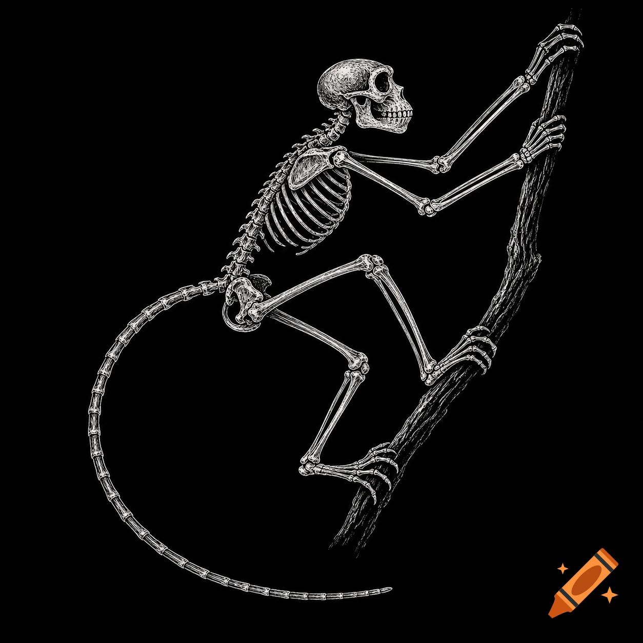White line art illustration of a monkey skeleton in a dynamic climbing pose on a tree branch, featuring anatomical details on a black background.