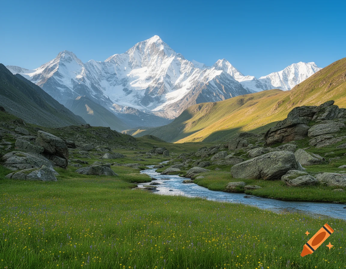 A photorealistic image of majestic snow-capped mountains towering over a lush green valley with a winding stream.
