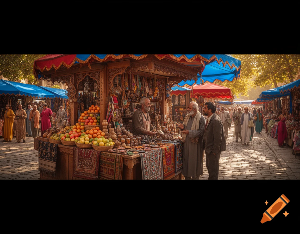 A vibrant photorealistic market scene with people browsing stalls laden with fruits, textiles, and various goods under colorful awnings.
