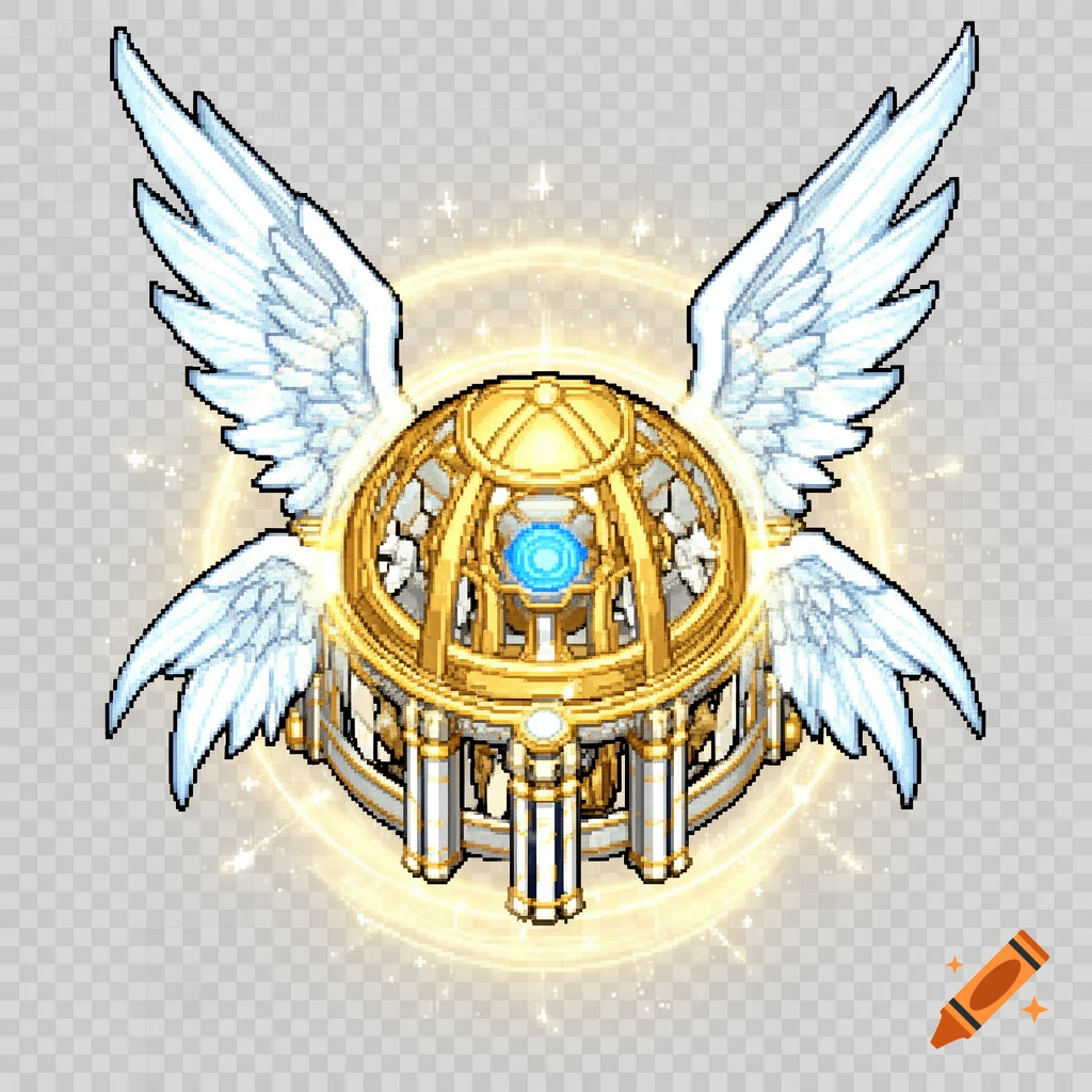Pixel art sprite of a golden, winged dome-shaped celestial guardian with a blue core and a holy glow, on a transparent background.