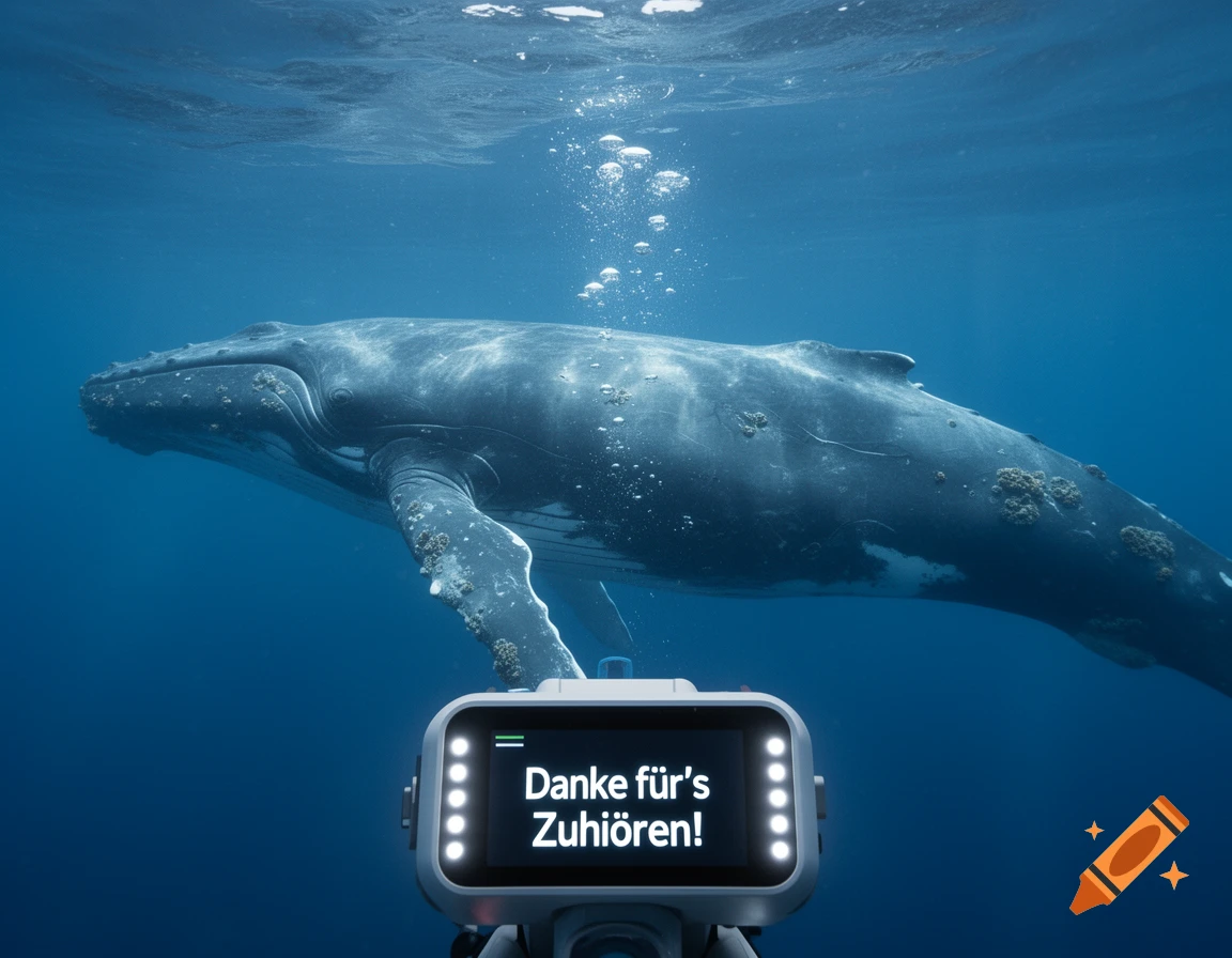 A photorealistic whale swims underwater, with a robotic device in the foreground displaying "Danke für's Zuhören!".