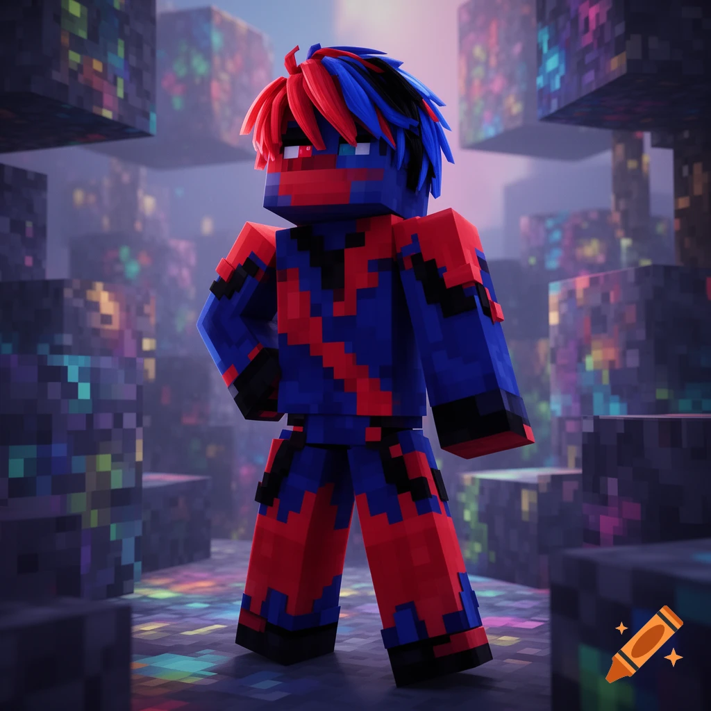 A Minecraft character with red and blue hair and outfit stands in a blocky world filled with colorful ore.