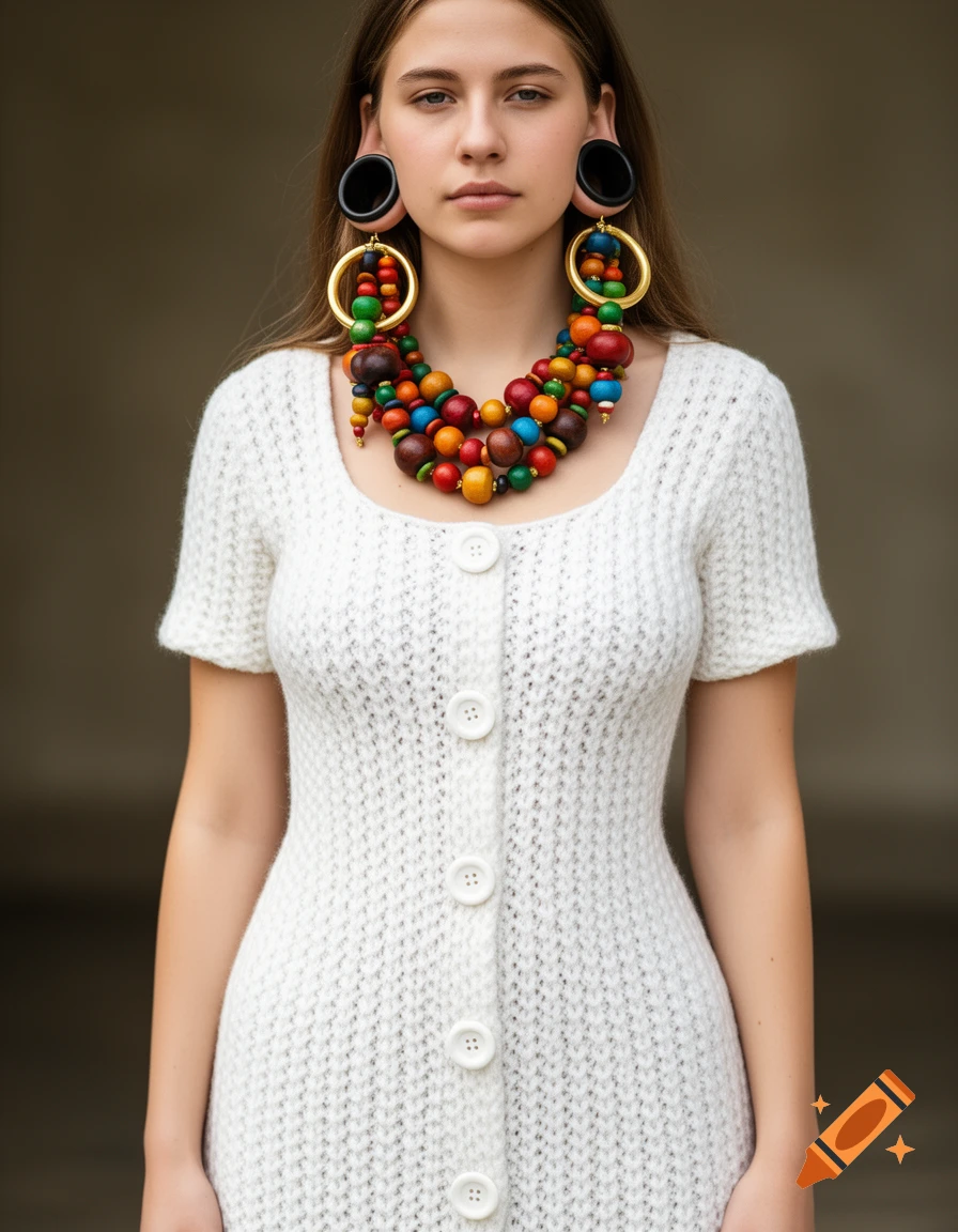 A young woman wears a white knit dress, large black ear tunnels, oversized golden hoop earrings with colorful beads, and a matching colorful beaded necklace.