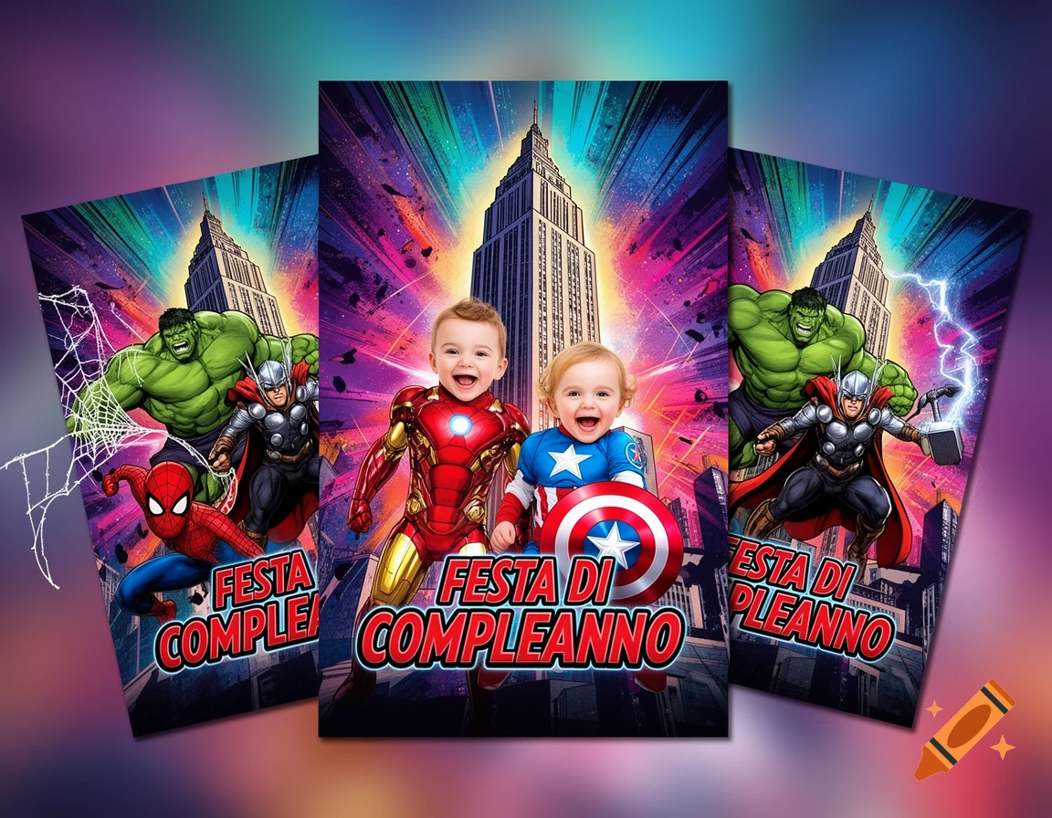 Three vibrant comic art birthday invitations featuring babies as Iron Man and Captain America, with Avengers characters.