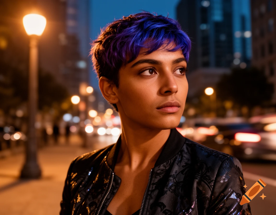 Young woman with short purple hair looks thoughtfully right, wearing a dark bomber jacket, blurred city lights in background.