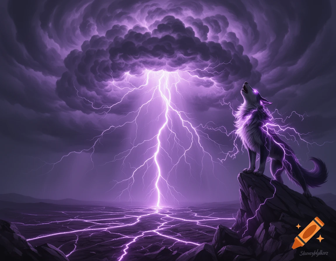 A wolf howls on a rock amidst a dramatic purple lightning storm, with strikes illuminating the sky and ground.