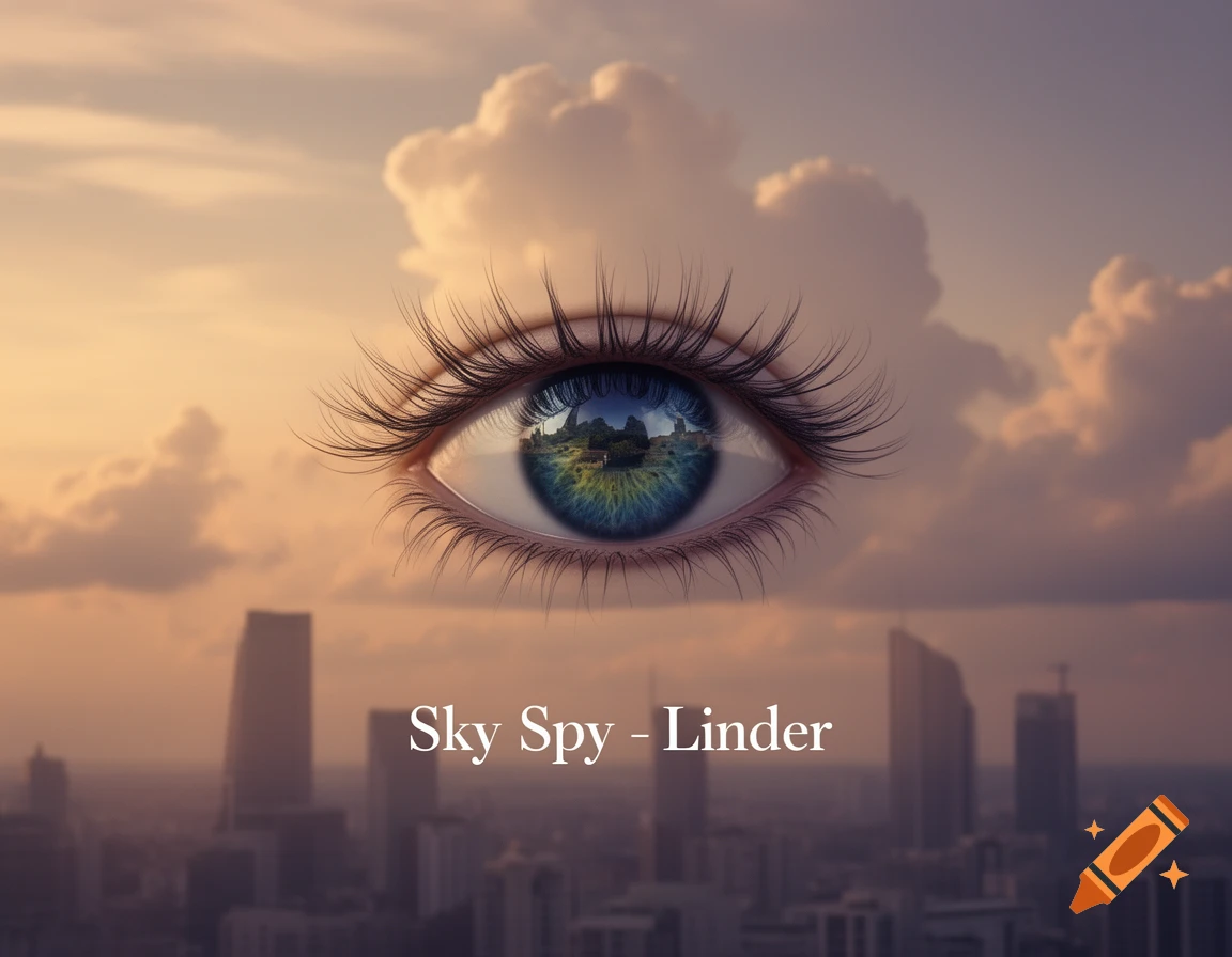 A surreal eye with long lashes reflects a green landscape, floating above a blurry cityscape at sunset with text 'Sky Spy - Linder'.