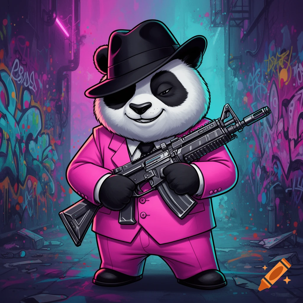 A cartoon panda in a pink suit and black fedora holds an automatic rifle in a neon-lit graffiti alley.