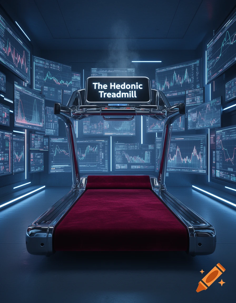 A futuristic treadmill with a red velvet belt and a screen displaying 'The Hedonic Treadmill', surrounded by data screens in a dark, neon-lit room.