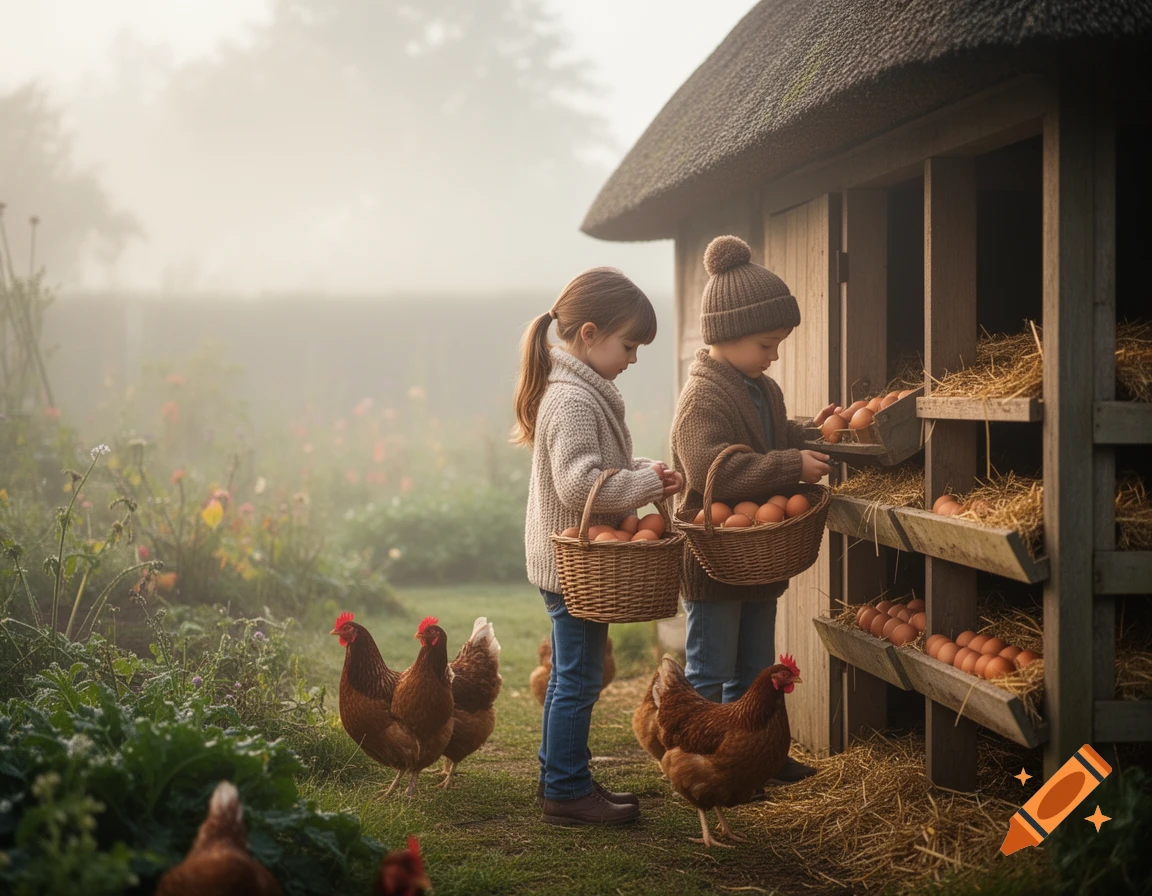 Two children collect brown eggs from a chicken coop in a misty early morning farmyard, surrounded by hens and a garden.