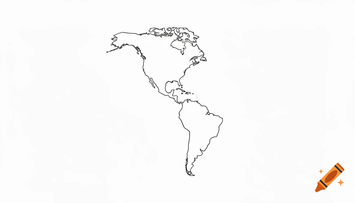 Line art outline of the North and South American continents on a white background.