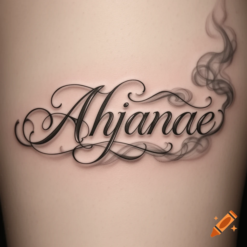 A black tattoo of the name 'Ahjanae' in elegant script with wispy smoke details, on light skin.