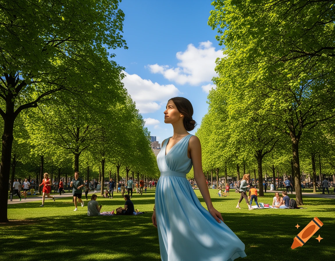 A woman in a light blue dress stands in a sunny park with rows of green trees and many people enjoying the grass.