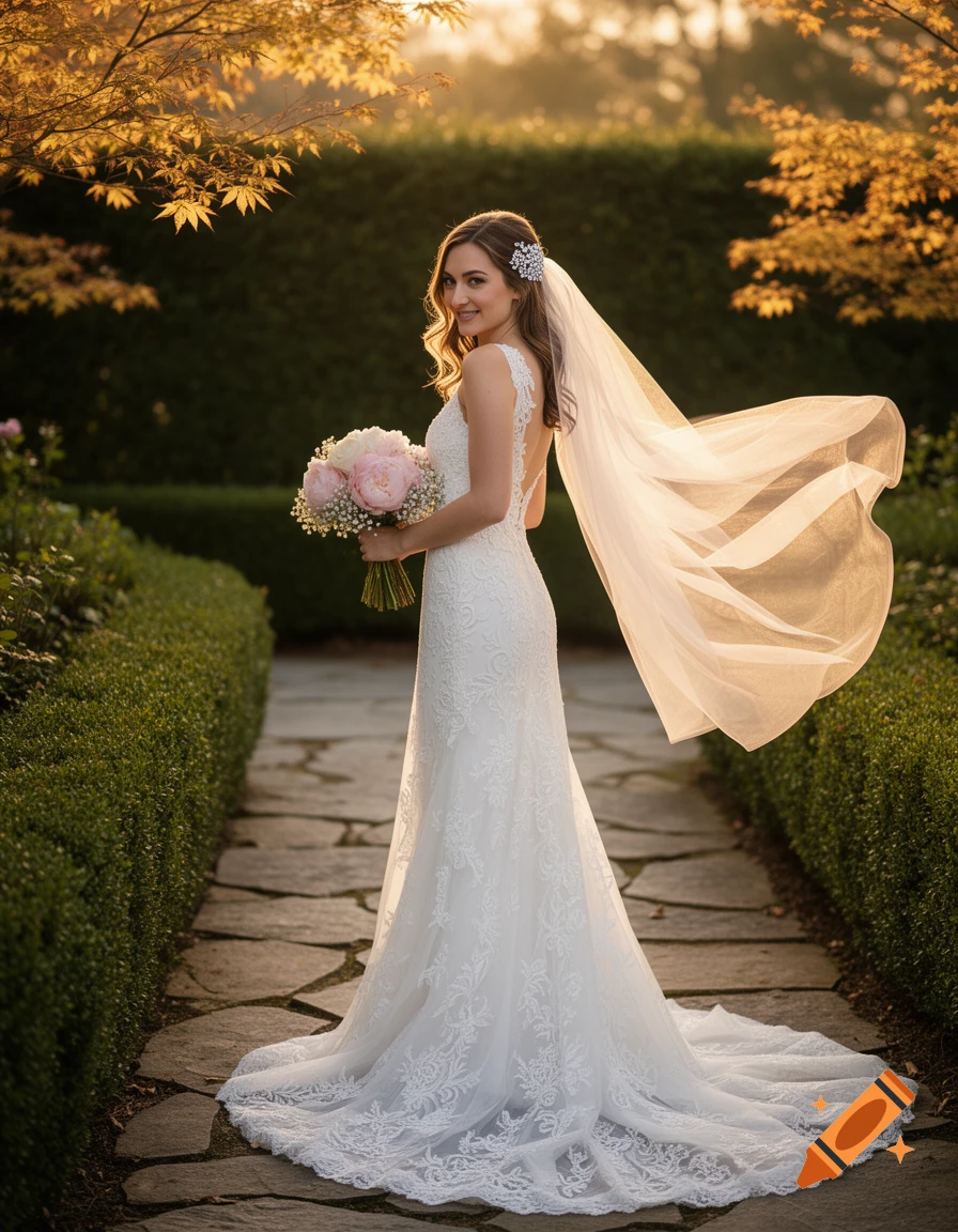 A beautiful bride in a white lace wedding dress with a flowing veil, holding a pink and white bouquet, smiles over her shoulder in a garden at sunset.