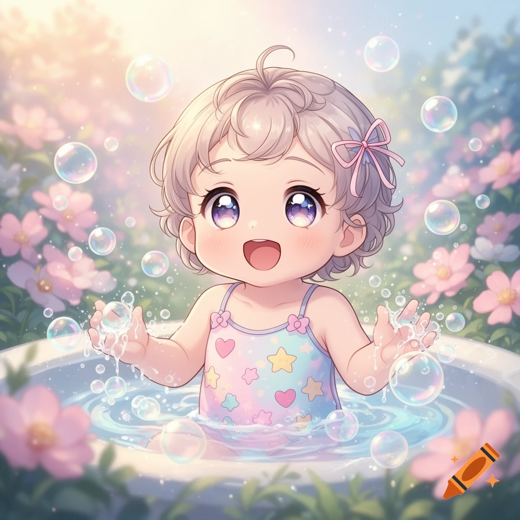 Cute anime toddler with short curly hair in a swimsuit, happily playing with bubbles in a small tub surrounded by pink flowers.