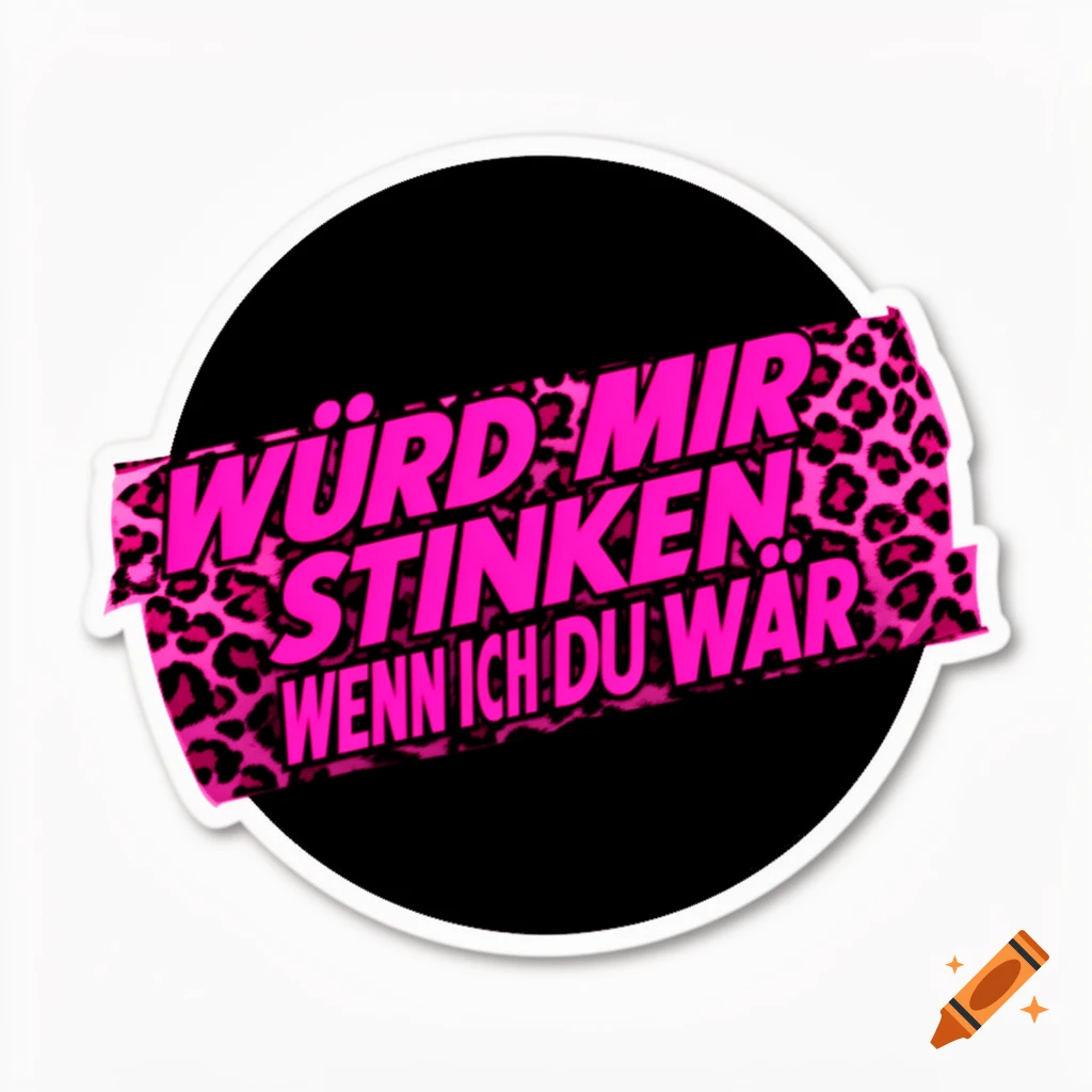 Round black sticker with a pink leopard print banner displaying the German text "WÜRD MIR STINKEN WENN ICH DU WÄR" in bold pink.