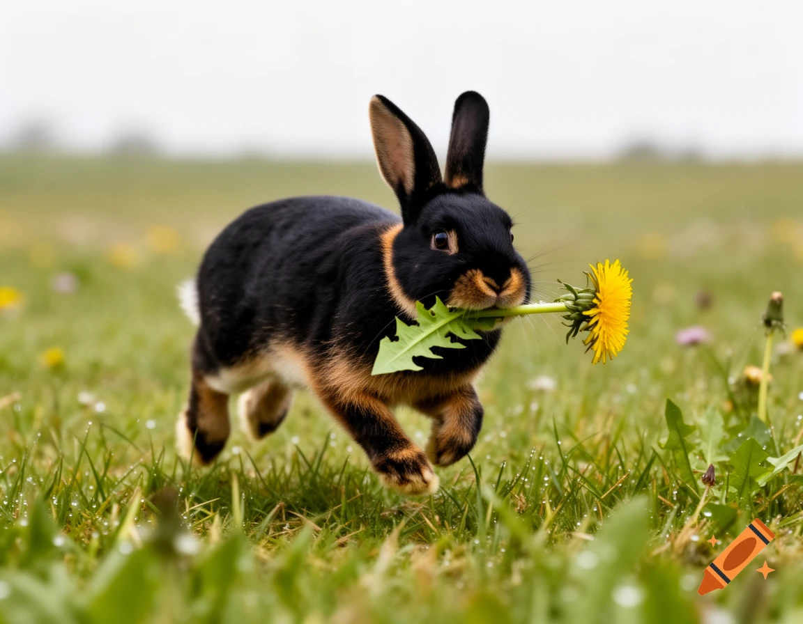 A black and brown rabbit runs through a grassy field, holding a yellow dandelion in its mouth.