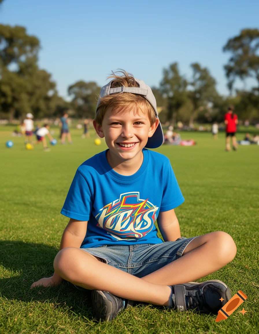 A smiling young boy wearing a blue t-shirt and a grey baseball cap sits cross-legged on green grass in a park.