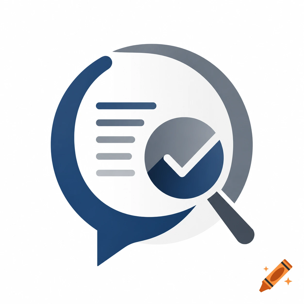 A blue and gray logo depicting a chat bubble enclosing a document, a pie chart with a checkmark, and a magnifying glass, symbolizing data analysis and review.