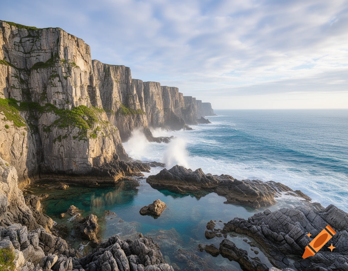 Panoramic view of rugged coastal cliffs meeting the turquoise ocean with waves crashing against the rocks.