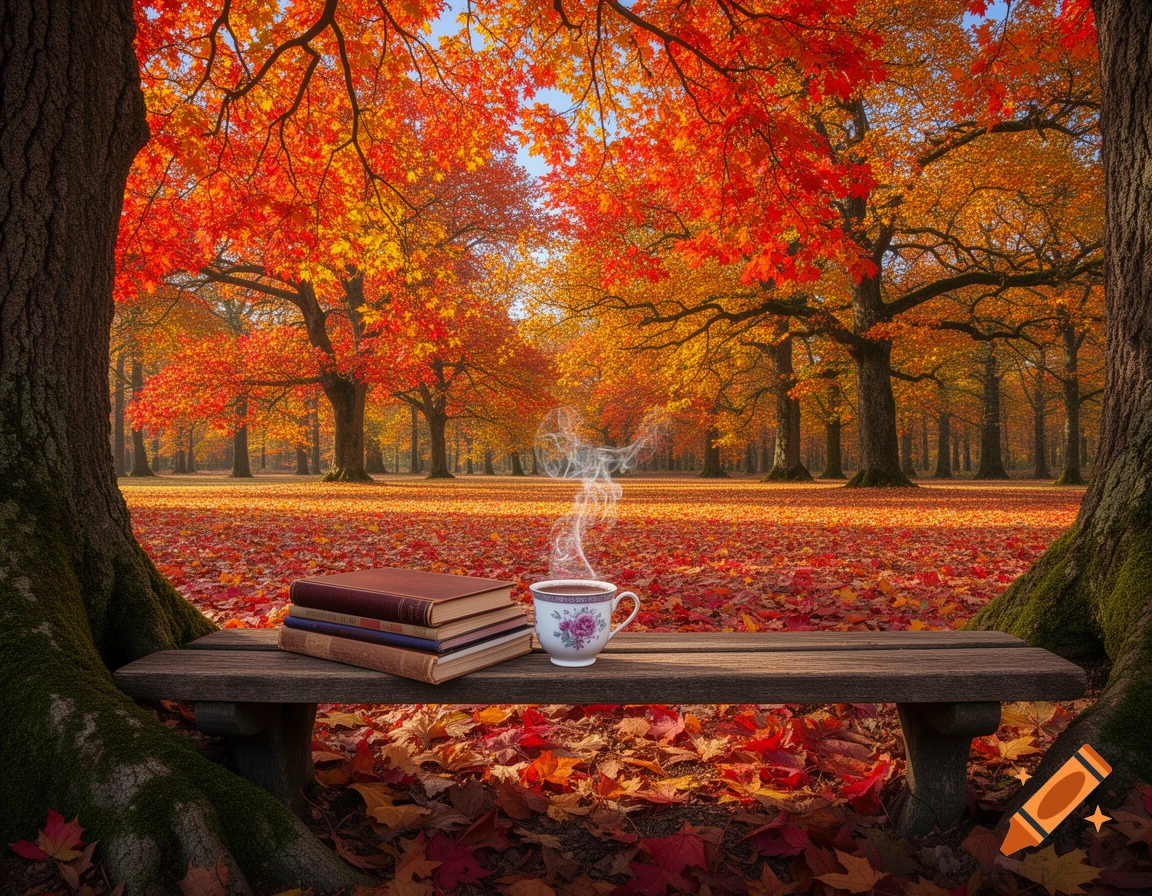 A photorealistic autumn scene features a wooden bench with a stack of books and a steaming cup of tea, surrounded by vibrant red and orange trees and fallen leaves.
