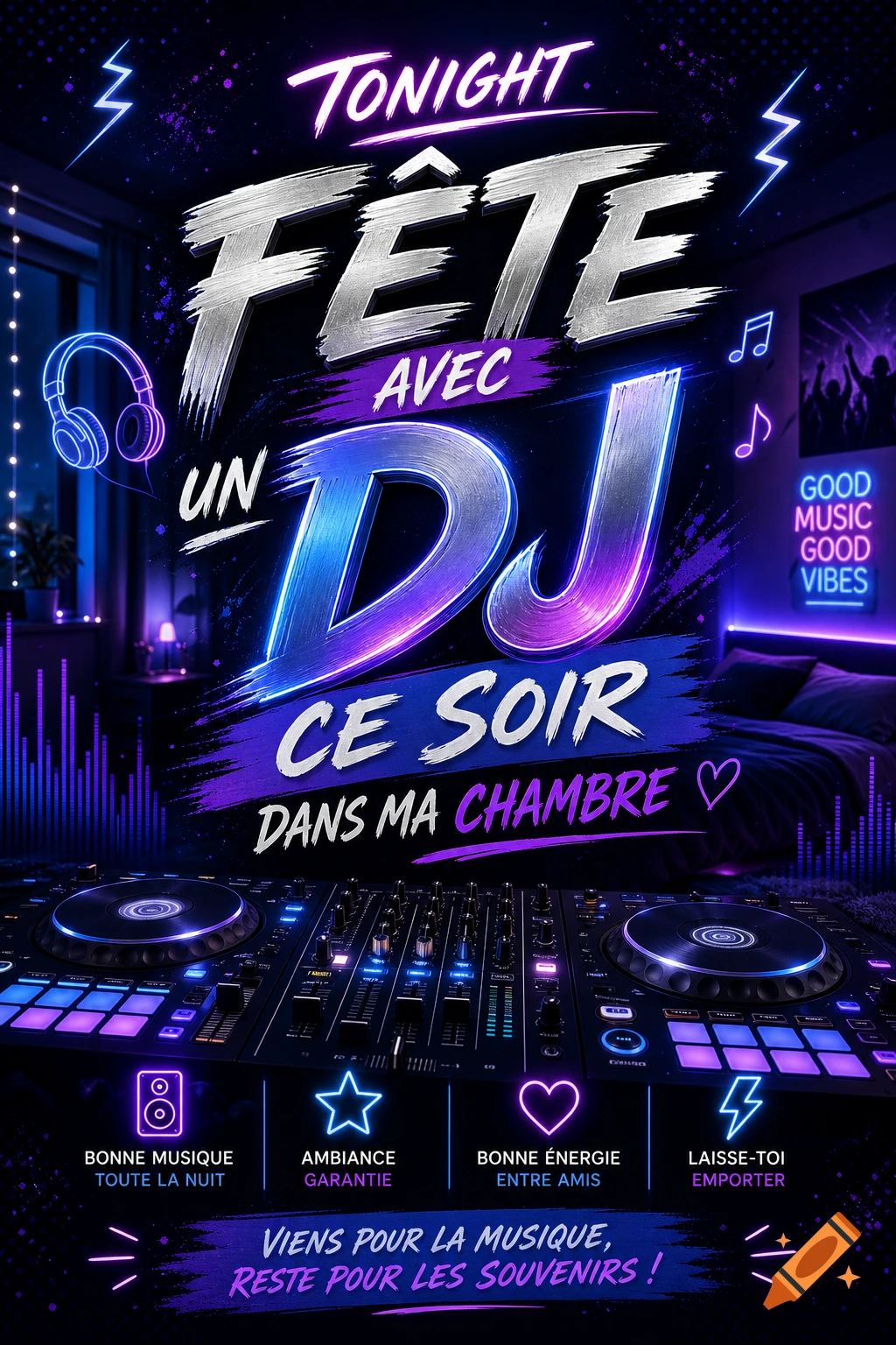 A vibrant neon-lit party flyer for a DJ event in a room, featuring DJ decks, headphones, and promotional text.