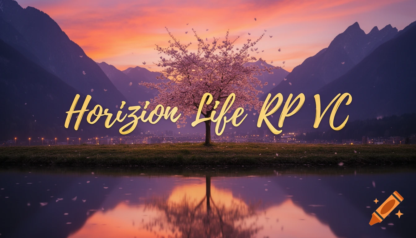 A vibrant sunset over a mountainous landscape with a cherry blossom tree at the center, reflecting in still water, and the golden text "Horizion Life RP VC" floating above it.