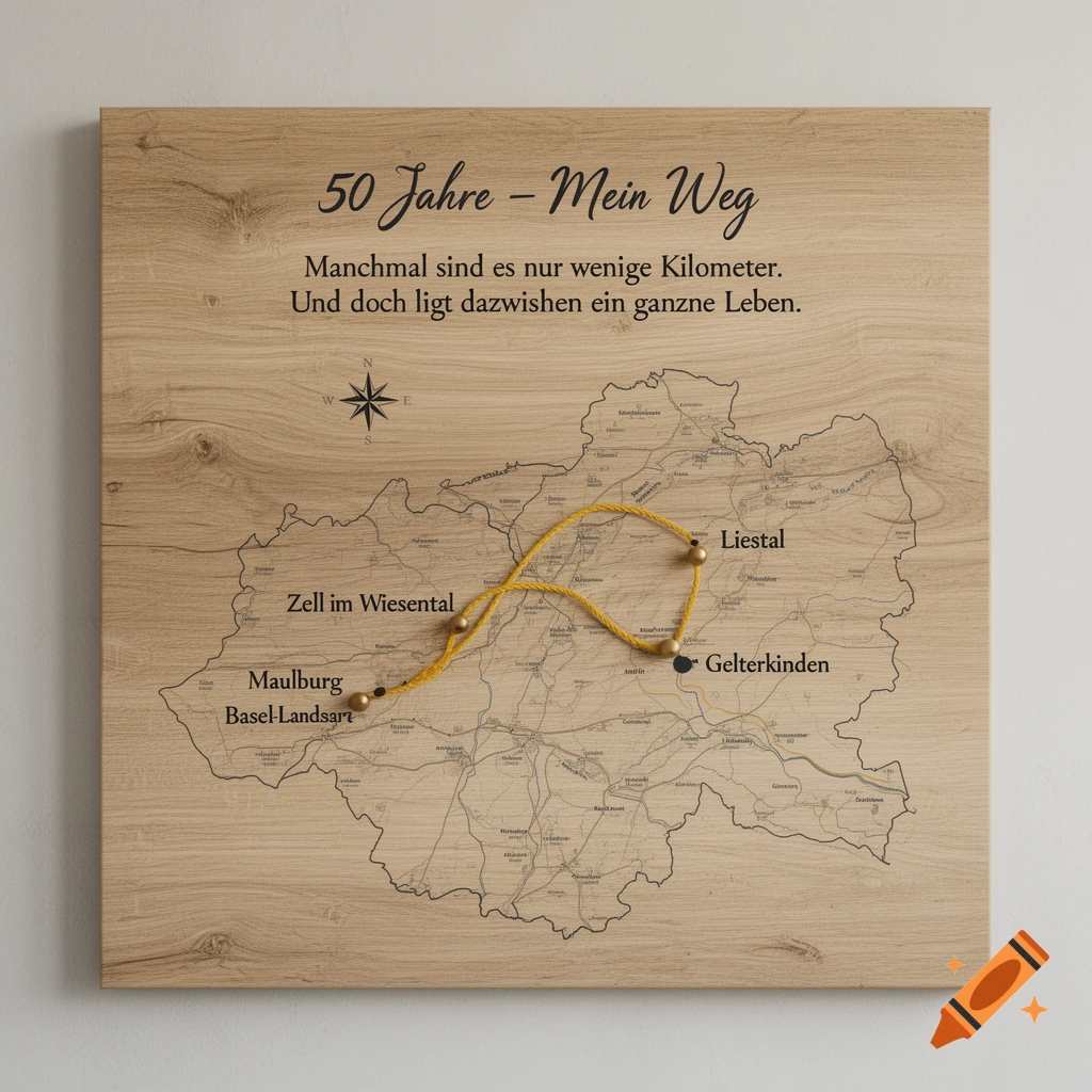 A rustic wooden wall plaque features a map with a yellow string connecting locations like Zell im Wiesental and Gelterkinden, inscribed with "50 Jahre \u2013 Mein Weg" and German text about life's journey.