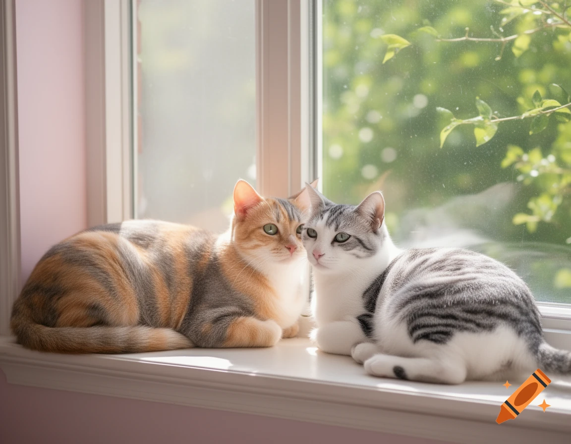 A dilute calico cat and a white and gray tabby cat sit together on a sunlit windowsill.