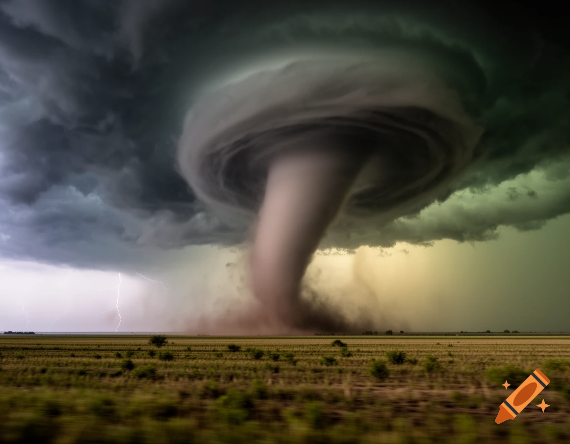 A large, powerful tornado twists over a vast, green field under dark, stormy clouds with lightning flashes in a photorealistic style.