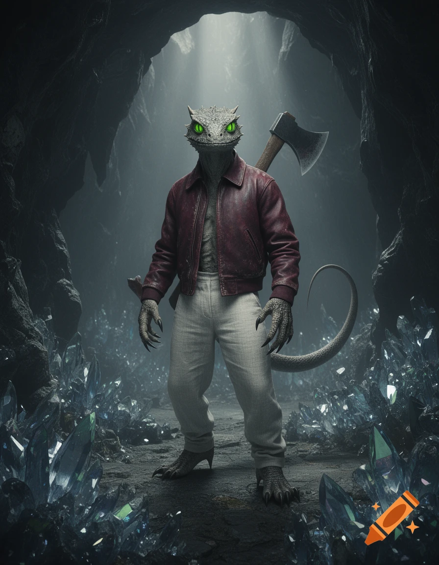 A reptilian humanoid mutant with glowing green eyes, wearing a red leather jacket and white pants, stands in a crystal-filled cave with an axe.