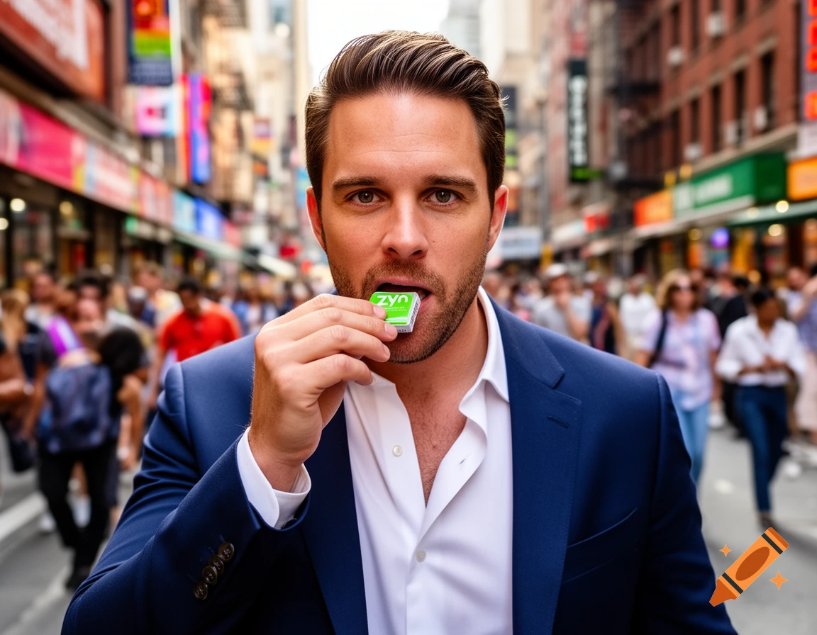 A man in a blue suit places a green pouch into his mouth on a busy city street, photorealistic.