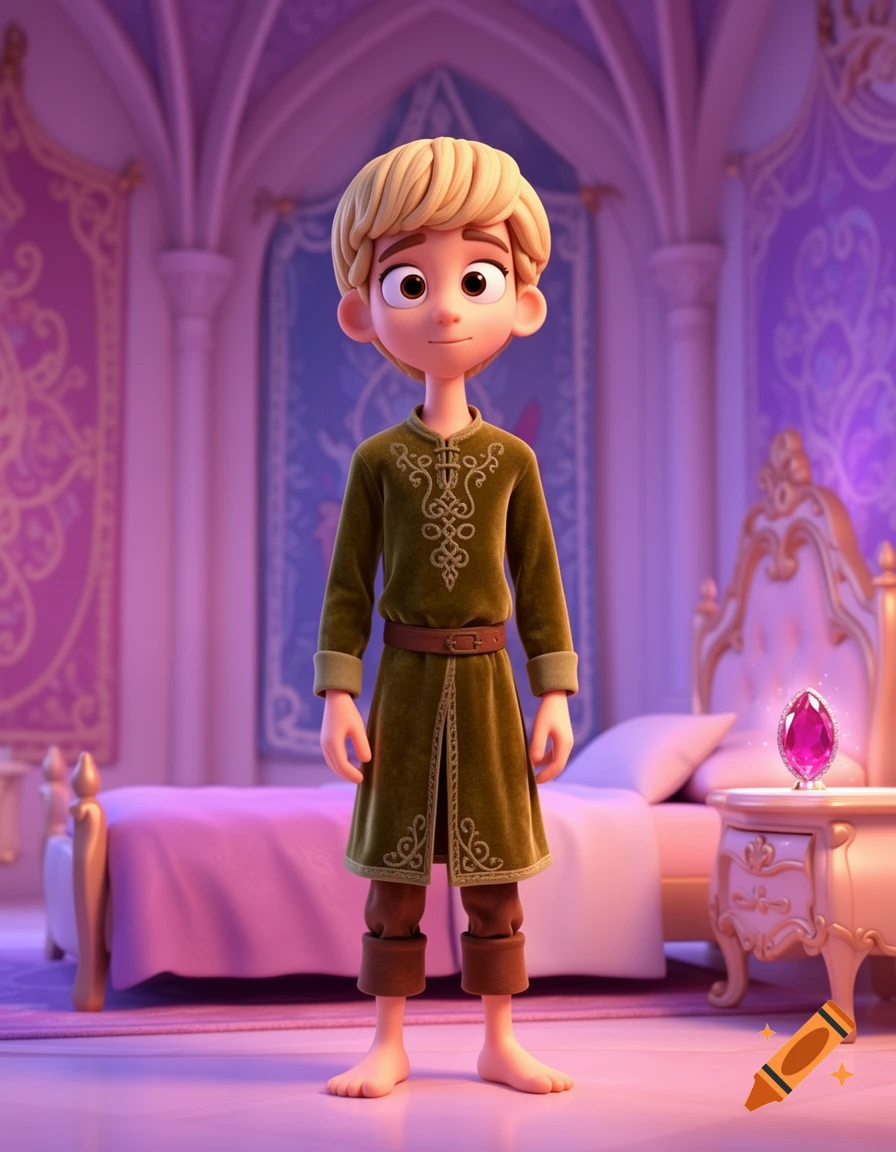 A 3D animated lanky young man with a blonde bowl cut and large cartoon eyes stands in a vibrant palace bedroom.