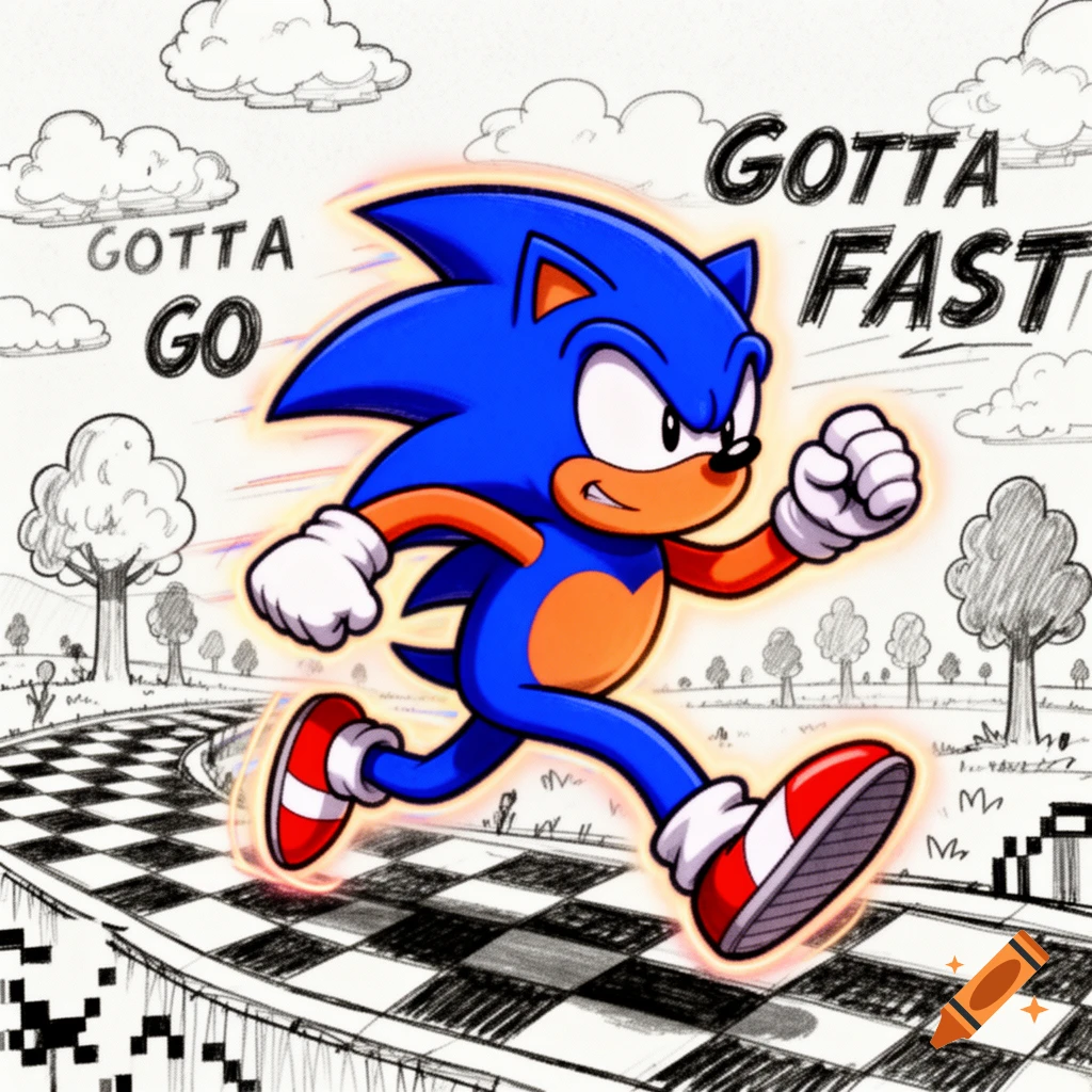Sanic meme character running on a checkered path with 'GOTTA GO' and 'GOTTA FAST' text, in a sketch and color style.