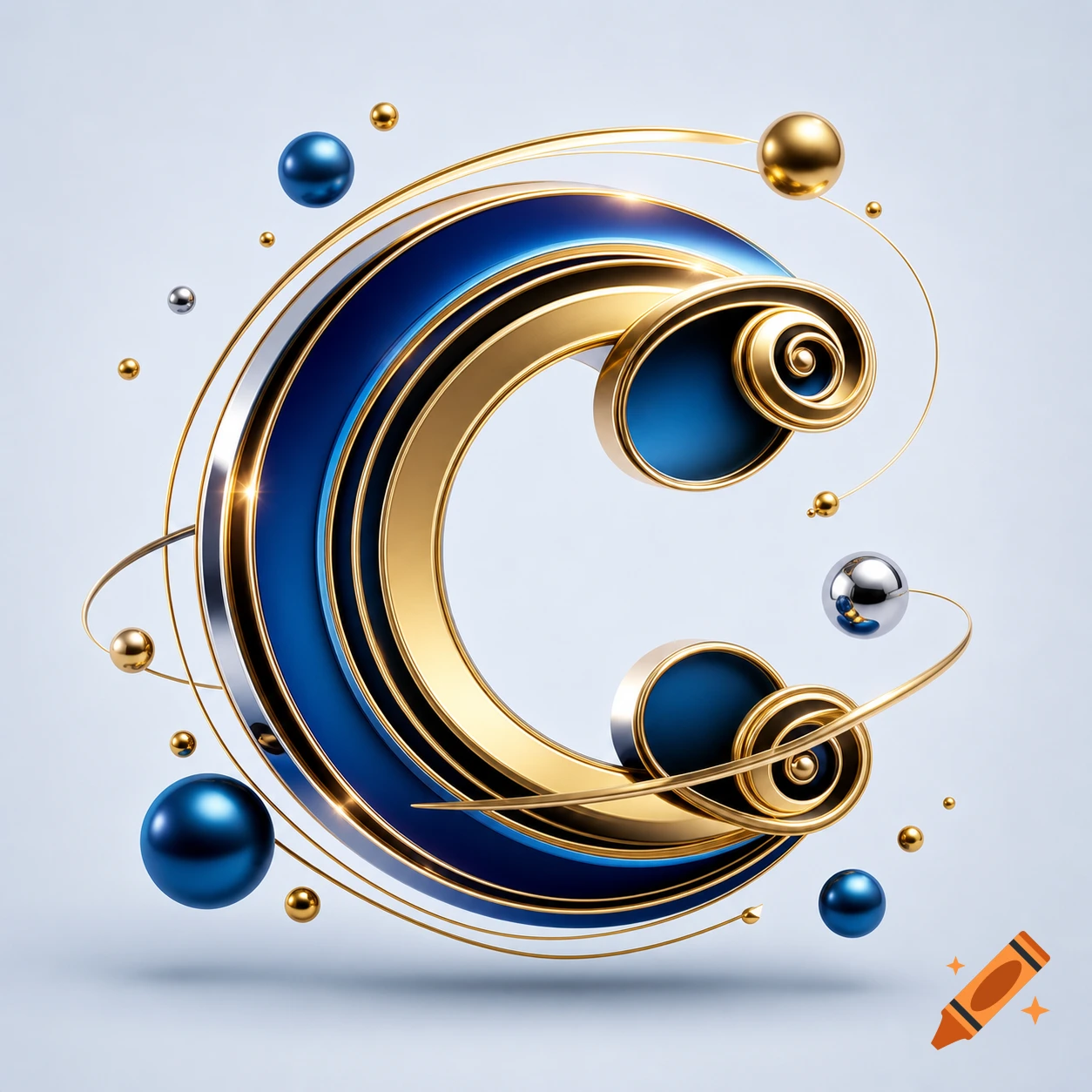 A stylized 3D letter C in polished gold, chrome, and deep iridescent blue, with swirling loops, floating metallic spheres, and orbital rings on a light grayish-blue background.
