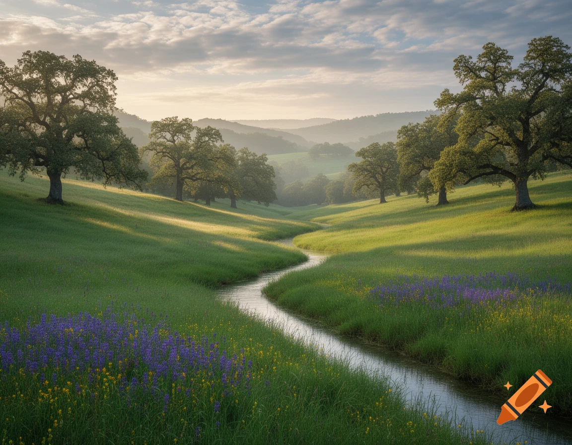A serene landscape with rolling green hills, a winding stream, lush trees, and vibrant purple and yellow wildflowers under a soft, cloudy sky.