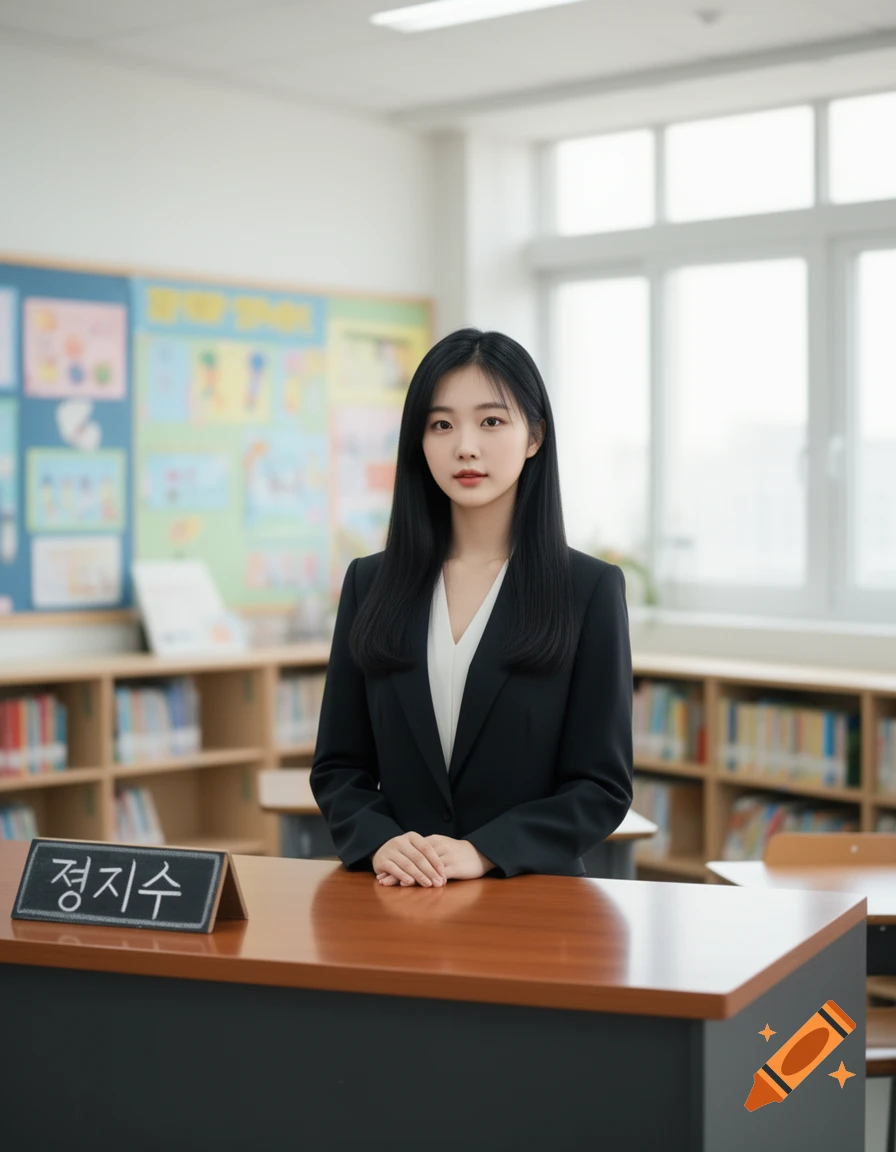 A young Korean woman, possibly a teacher, stands behind a desk with a nameplate in a photorealistic classroom.