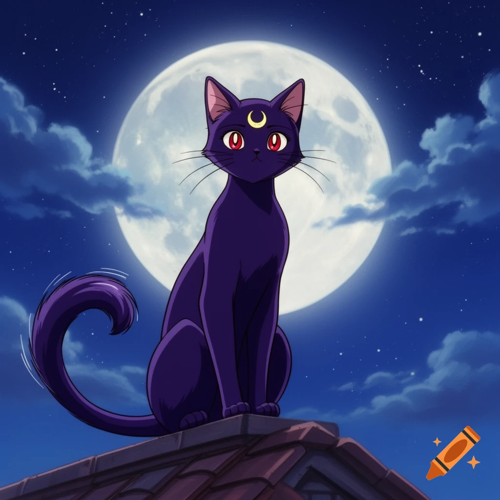 A dark purple cat with red eyes and a yellow crescent moon on its forehead sits on a tiled roof under a bright full moon at night in an anime style.