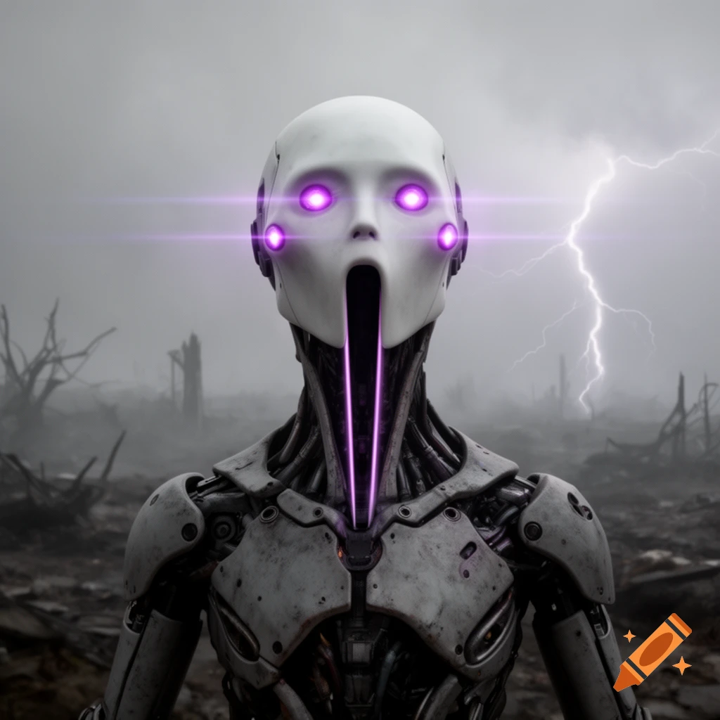 Robotic humanoid with white mask, glowing violet eyes, and a long vertical mouth in a desolate, stormy landscape with lightning.