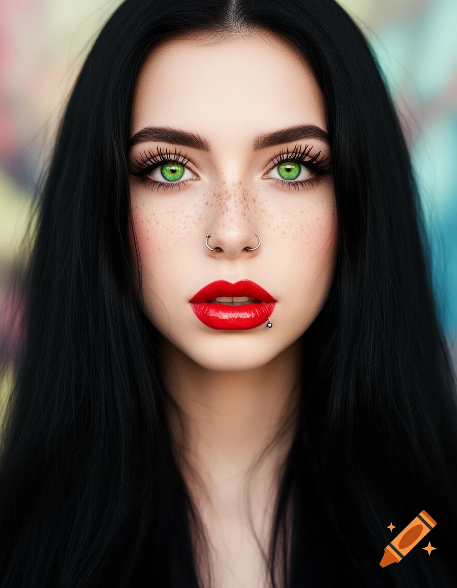Photorealistic close-up portrait of a young woman with long black hair, vibrant green eyes, red lips, freckles, nose ring, and lip piercing.