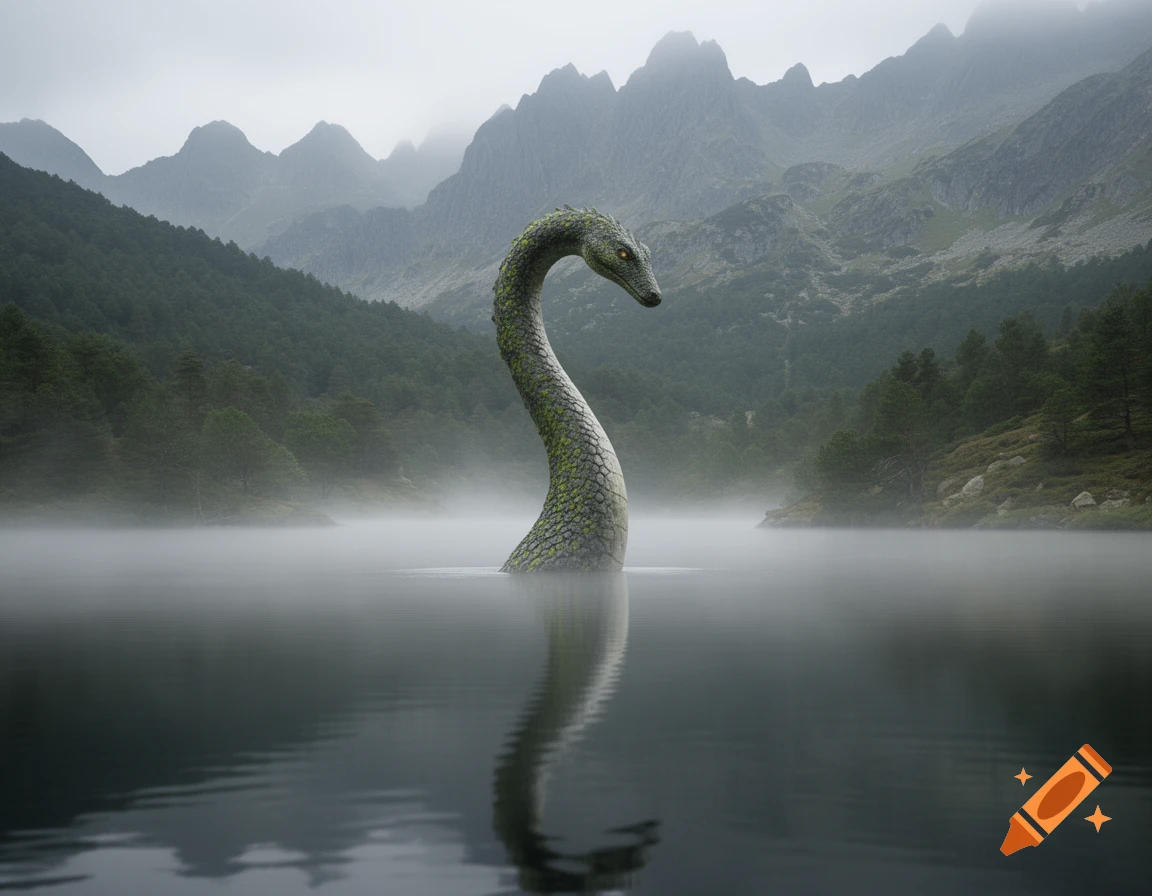 A photorealistic depiction of a sea serpent emerging from a misty lake with mountains in the background.