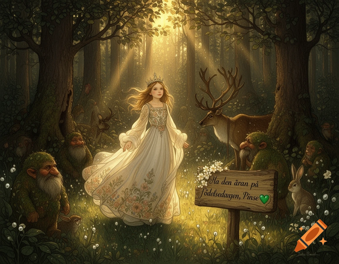 A young princess in a crown and white gown in a sunlit forest, surrounded by trolls, deer, and rabbits, with a sign reading "Ha den äran p V guldiga fläckar p V Pinse V ".