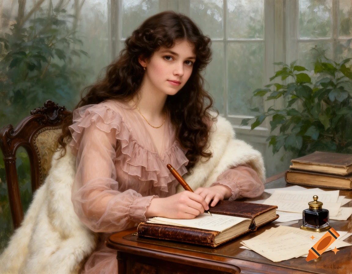 Impressionistic oil painting of a young woman with long curly hair, wearing a pink blouse and fur stole, writing at a vintage desk by a window.