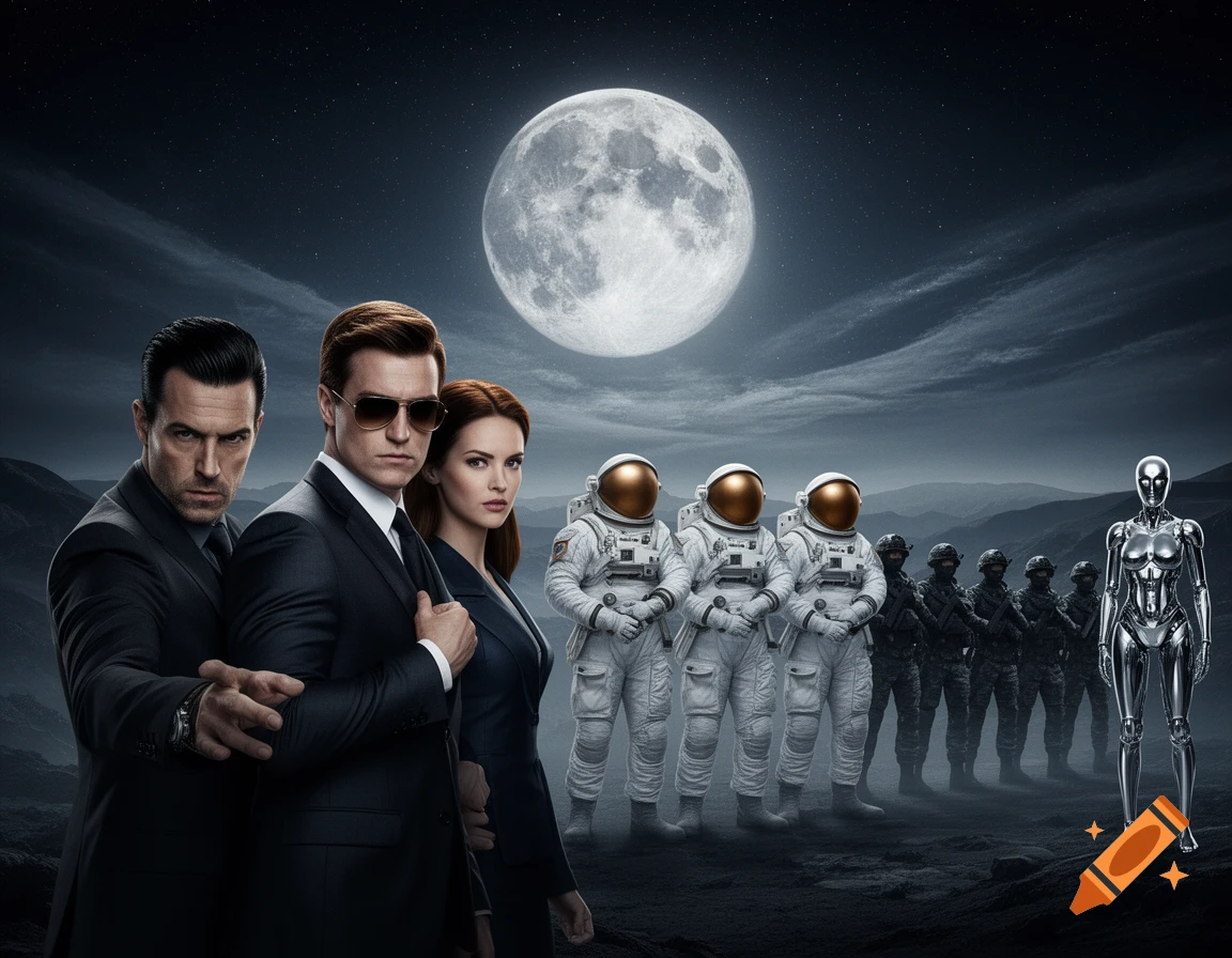 Three serious agents stand before three astronauts, soldiers, and a silver robot, all under a large full moon in a desolate landscape.