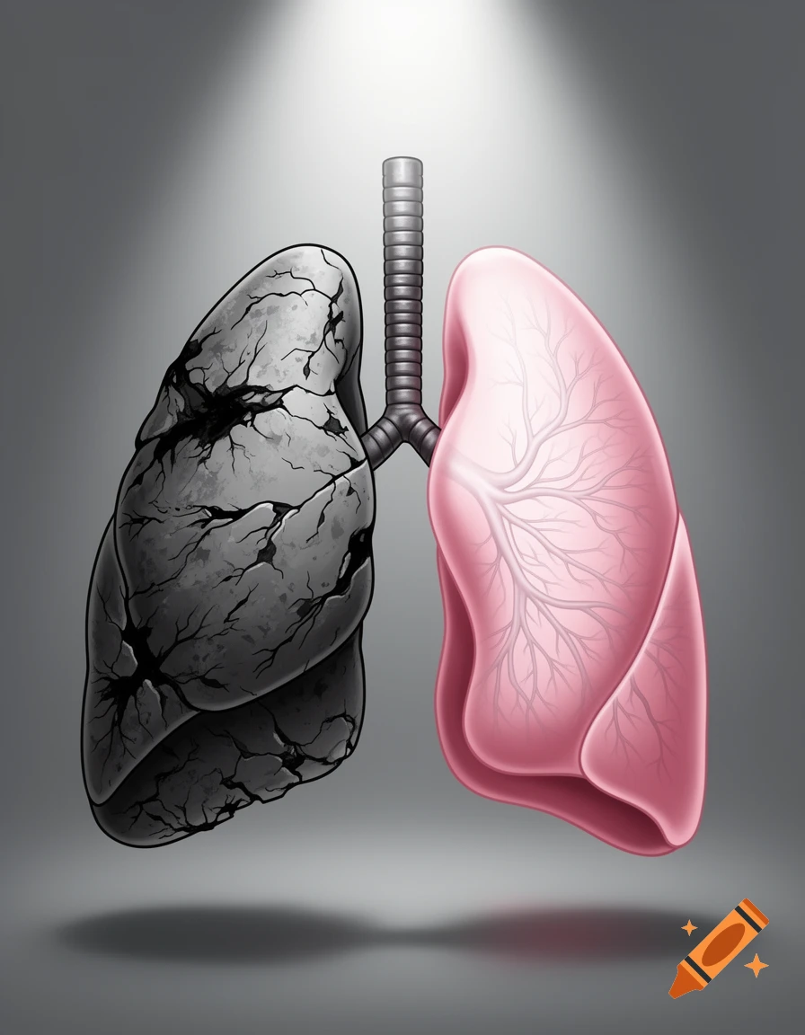 Stylized illustration of two human lungs, one healthy and pink, the other damaged, black, and cracked.