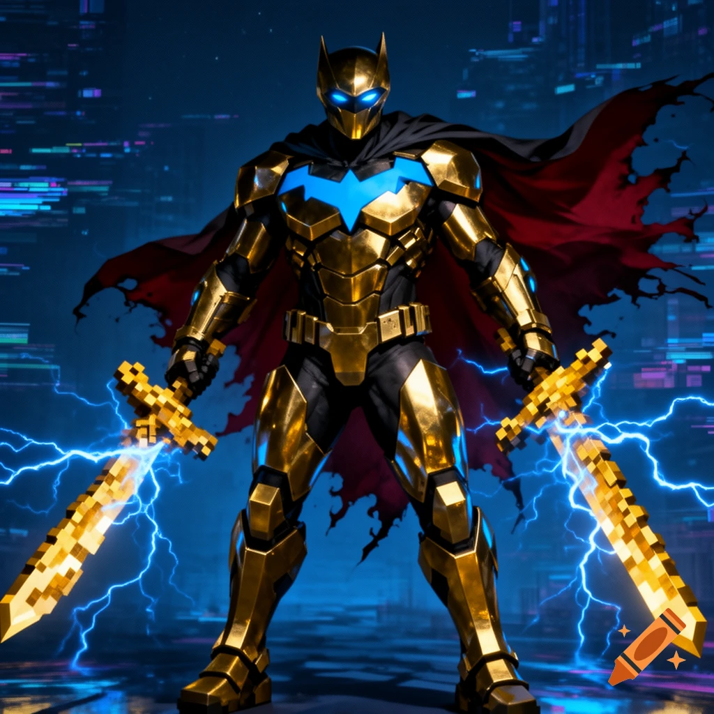 A gold-armored Nightwing holds two voxelized golden swords crackling with blue electricity against a dark, glitching neon blue background, digital art.